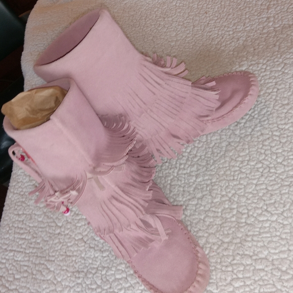 Steve Madden Dusty Pink Leather Apachee Fringed Moccasin Boots size 6.5 - Picture 4 of 15